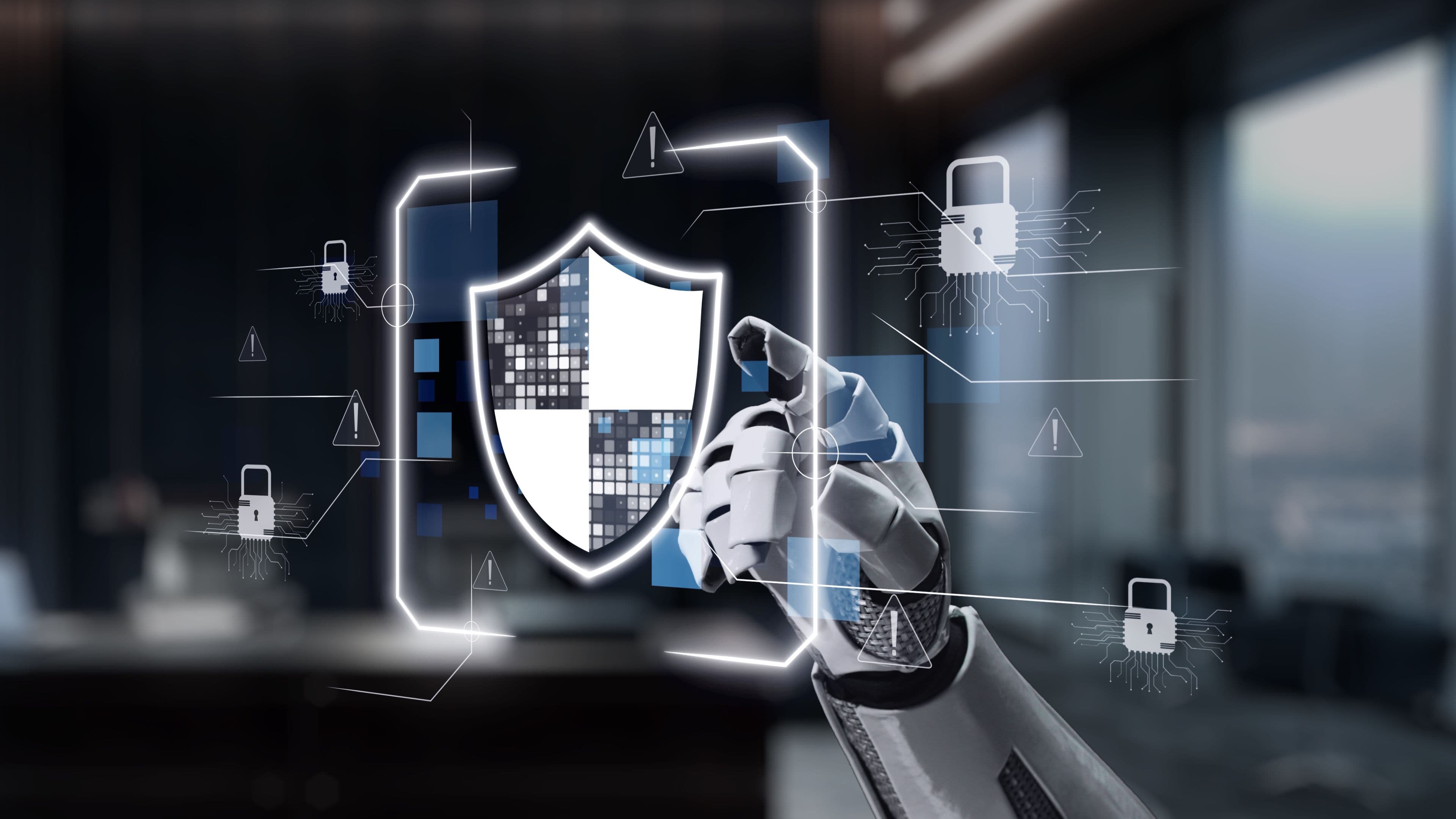 Black Glazier futuristic robot arm engaging with a digital security shield in a modern office