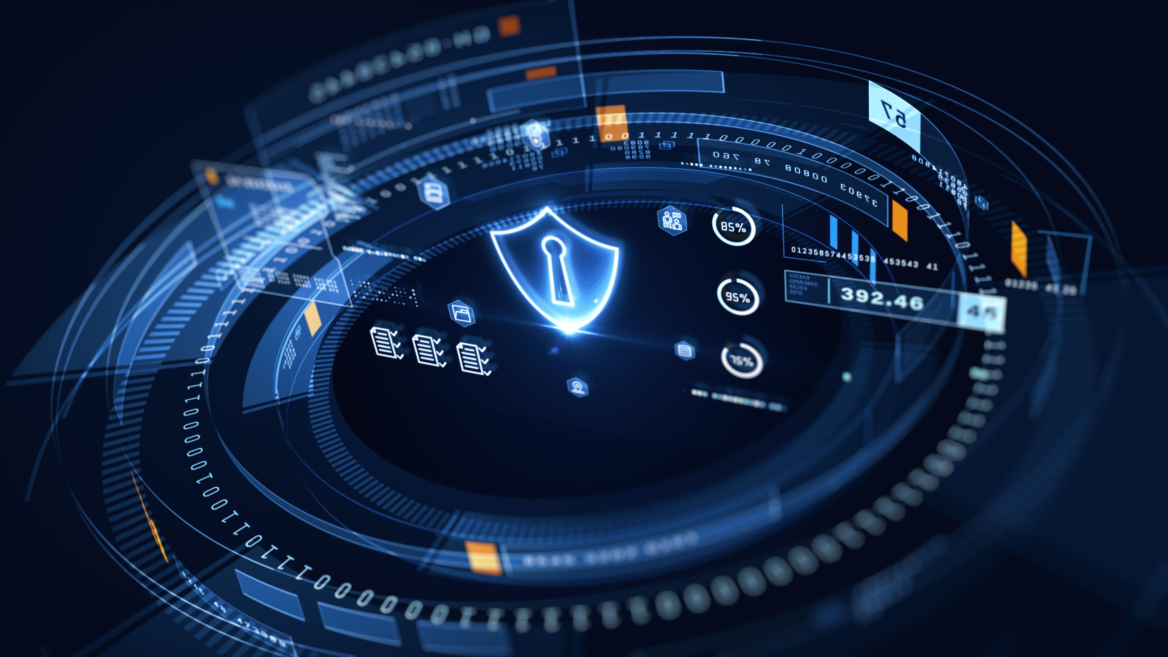 Black Glazier modern cybersecurity interface with digital shield, metrics, and encryption status indicators