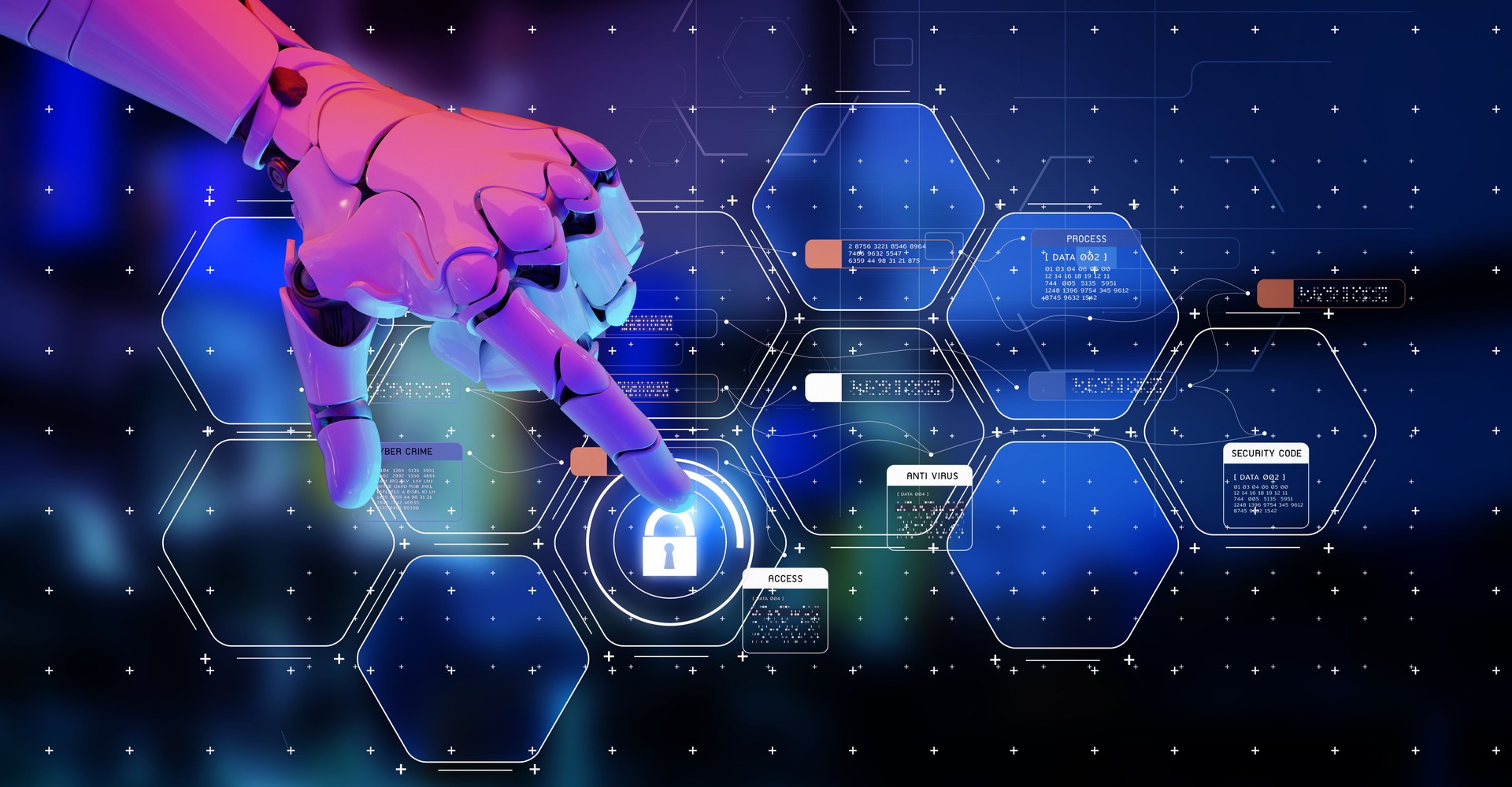 AI artificial intelligence cybersecurity network, antivirus robot program platform virus protection, futuristic modern digital computer network technology, cloud data and security virtual privacy network VPN.